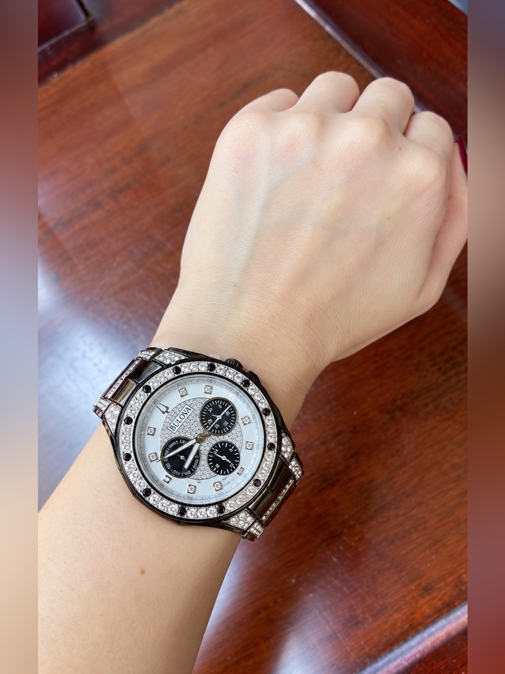 Bulova Silver and Black Chronograph Watch with Swarovski Crystal Accents
